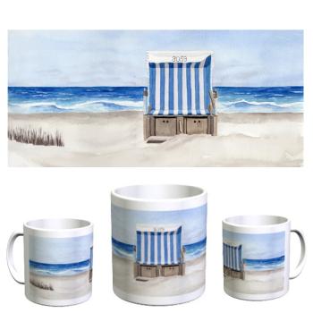 Tasse Becher Kaffeebecher  Aquarell Maritim Kunst Druck Kunstdruck Strandkorb Dänemark Nordsee Ostsee Dünen Meer Strand Möwe Sylt